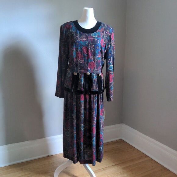 Vintage 90s Melissa Harper MHM Midi Dress Rose Paisley Velvet Peplum Size 8 - Picture 2 of 9